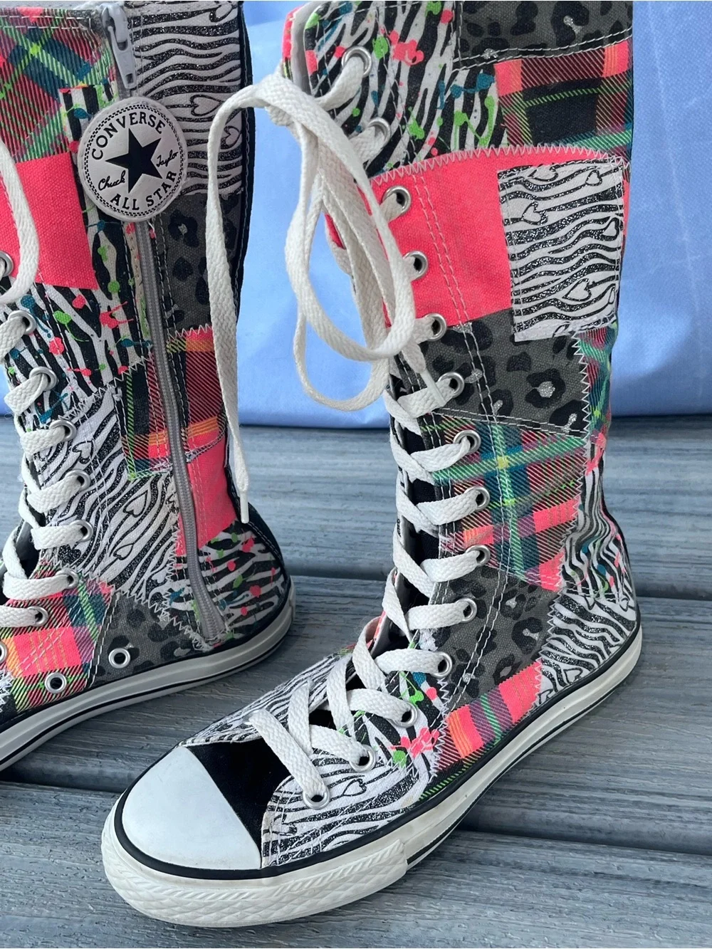 Converse Women's Patchwork High-Top Lace-Up Boots in Neon Pink, Black, White 3